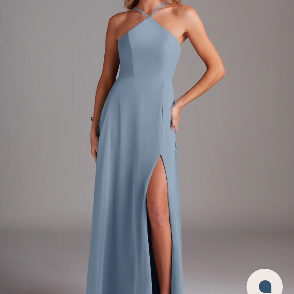 Azazie Dusty Blue A-Line Halter Side Slit Chiffon Dress